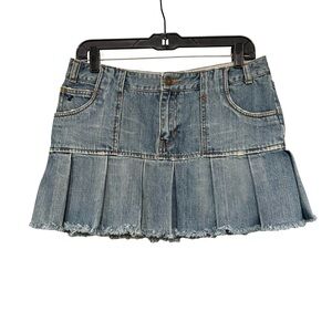 Y2k American Eagle Distressed Micro Denim Pleated Mini Skirt Fringe Hem, Sz 6